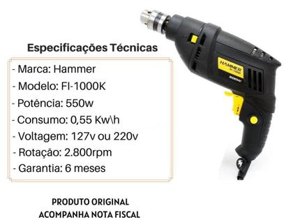 Imagem de Furadeira De Impacto 550w 10mm Hammer FI-1000K Com Maleta e Acessórios