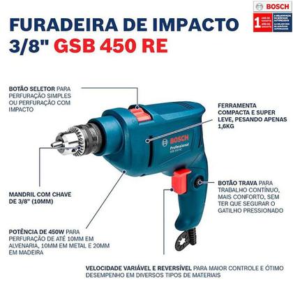 Imagem de Furadeira de Impacto GSB 450 RE 3/8"" 220 Volts + Jogo de Brocas e Bits X-Line com 30 Peças - 0615A001XN000 - BOSCH