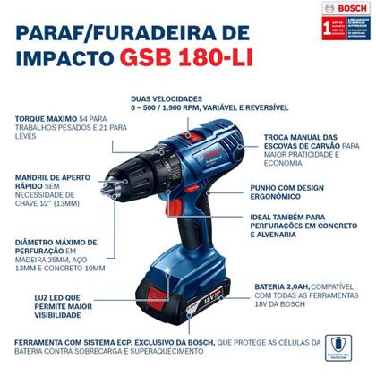 Imagem de Furadeira e Parafusadeira 18V Impacto GSB 180-LI 54Nm Bateria, Carregador e Maleta BOSCH