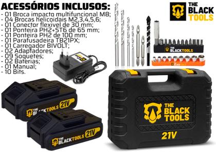 Imagem de Furadeira E Parafusadeira De Impacto 2 Baterias 2000mah 21v 3/8 Tb-21pkx The Black Tools Com Maleta E Acessorios