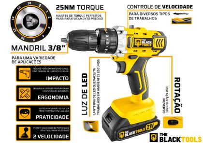 Imagem de Furadeira E Parafusadeira De Impacto 2 Baterias 2000mah 21v 3/8 Tb-21pkx The Black Tools Com Maleta E Acessorios