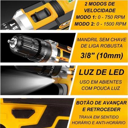 Imagem de Furadeira e Parafusadeira de Impacto 21V Sem Fio 2 Baterias LED 32 Acessórios 2 Velocidades Maleta Completa Bivolt Profi