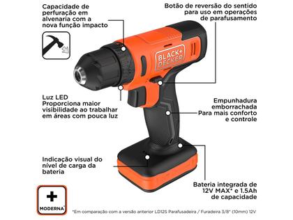Imagem de Furadeira e Parafusadeira de Impacto Black+Decker a Bateria 20 Peças BCD712VHD-BR