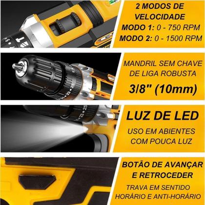 Imagem de Furadeira e Parafusadeira de Impacto Sem Fio 21V Bivolt LED 2 Baterias Recarregáveis Kit Completo com 32 Acessórios