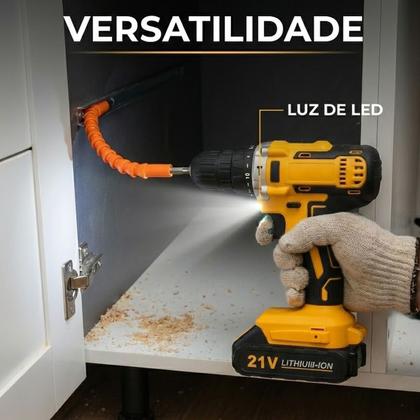 Imagem de Furadeira e Parafusadeira de Impacto Sem Fio 21V com LED 2 Baterias Recarregáveis Bivolt e 32 Acessórios Maleta Completa
