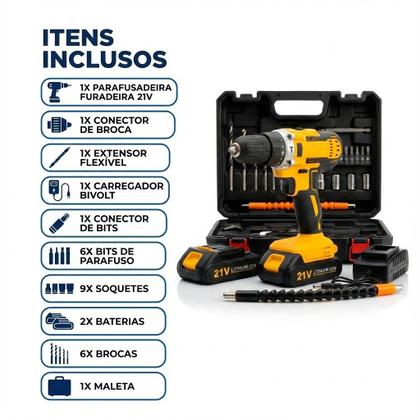 Imagem de Furadeira e Parafusadeira de Impacto Sem Fio 21V com LED 2 Baterias Recarregáveis Bivolt e 32 Acessórios Maleta Completa