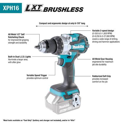 Imagem de Furadeira Hammer Driver-Makita XPH16Z 18V LXT de íon de lítio