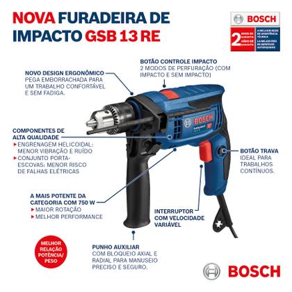 Imagem de Furadeira Impact Bosch 750w Gsb13Re GSB 13 + Brocas e maleta