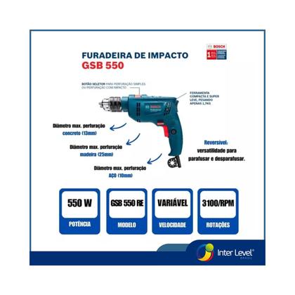 Imagem de Furadeira Impacto Bosch 13mm 550w Maleta Gsb 550 Re 220v Cor Azul