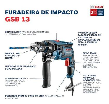 Imagem de Furadeira Impacto Bosch Gsb 13 Re 750w Kit 33 Peças 110v
