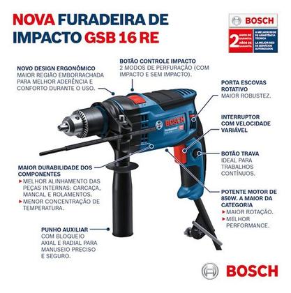Imagem de Furadeira Impacto Bosch Gsb 16 Re 850w Com Kit 4 Brocas 220v