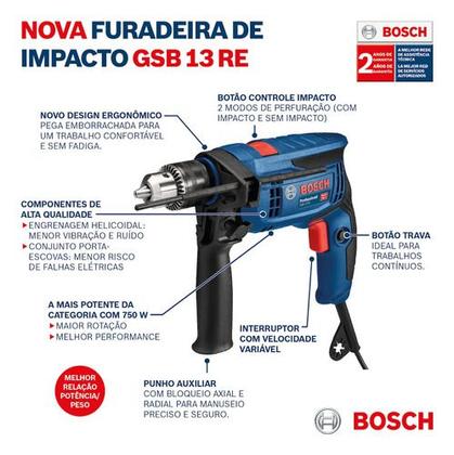 Imagem de Furadeira Impacto Parafusadeira Bosch GSB 13 Re 750w Maleta 110v