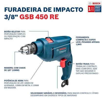 Imagem de Furadeira Industrial de Impacto 3/8 POL com Reversão 450W GSB 450 RE BOSCH