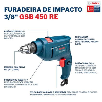 Imagem de Furadeira Industrial Impacto 3/8 Reversão 450W GSB 450RE + Estojo 30 Peças X-Line BOSCH