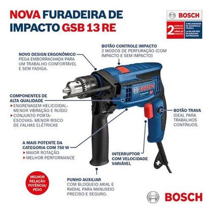 Imagem de Furadeira Martelete Parafusadeira Gsb 13 Com Kit 5 Brocas 220v
