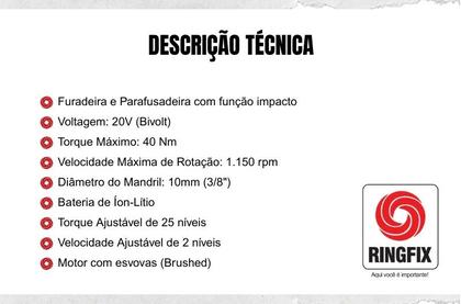 Imagem de Furadeira Parafusadeira 20V RI 1020 c/ Impacto e Kit