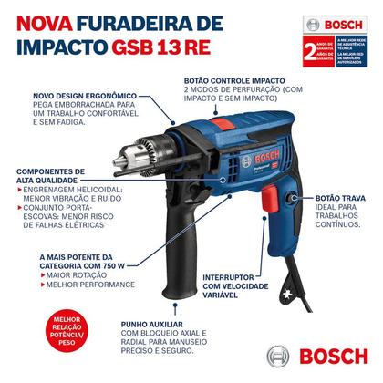 Imagem de Furadeira Parafusadeira de Impacto Bosch, 750W, 110V, com Kit 10 Brocas  Compacta, Reversível e Velocidade Variável  GSB 13 RE
