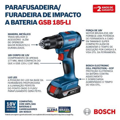 Imagem de Furadeira Parafusadeira de Impacto Bosch GSB185, 18 Volts