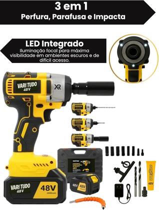 Imagem de Furadeira Parafusadeira e Chave de Impacto 48V Brushless 2 Baterias 4.0Ah Kit Completo com Maleta Ferramenta Sem Fio Profissional Bivolt Potente