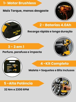 Imagem de Furadeira Parafusadeira e Chave de Impacto 48V Brushless 2 Baterias 4.0Ah Kit Completo com Maleta Ferramenta Sem Fio Profissional Bivolt Potente