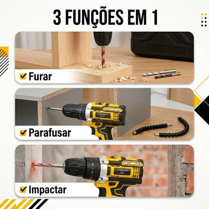 Imagem de Furadeira Parafusadeira Impacto 21V Sem Fio 2 Baterias Kit 32 Acessórios Maleta LED Bivolt Premium.