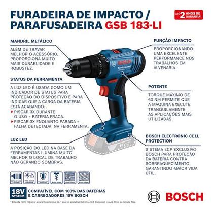 Imagem de Furadeira Parafusadeira Impacto Gsb 183 Li 2 Baterias Bosch