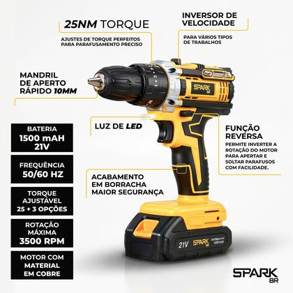 Imagem de Furadeira Parafusadeira Impacto SparkBr AMGPR01 21V 26 Acessorios 2 Baterias Cm LED Maleta Profissional Recarregavel