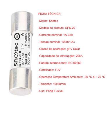 Imagem de Fusível Snetec 32A 1000V DC Fotovoltaico 10x38mm Kit 2 Peças