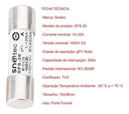 Imagem de Fusível Snetec Solar 1A-32A DC CC 1000V 10x38mm gPV 20kA