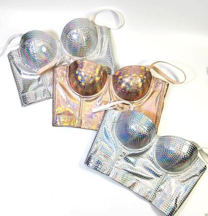Imagem de G0619-Blusa Festa Luxo Cropped Holográfico Alças Finas Decote Decotado Coração Balada Show Festival Moda Moderno 5JL311