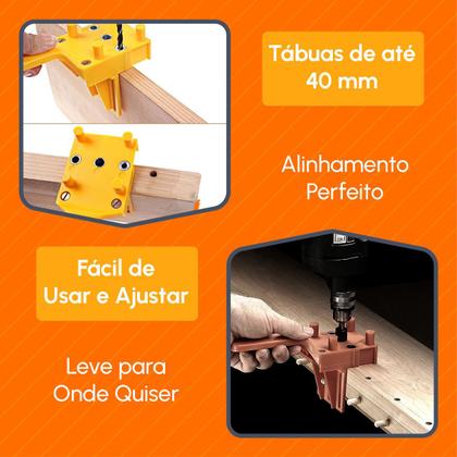 Imagem de Gabarito de Furação para Cavilhas Espessura Ajustável 40 mm p/ brocas 6, 8 e 10mm para Marceneiros, Hobbistas e Oficinas