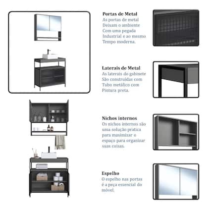 Imagem de Gabinete Banheiro 80cm 2 Portas Metal com Cuba e Espelheira