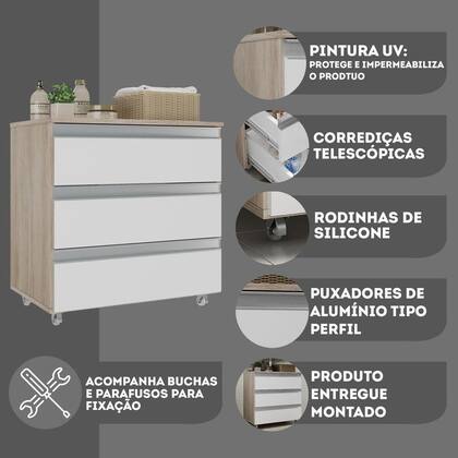 Imagem de Gabinete Banheiro Rodinhas Joia 60cm 03 Gavetas Madeirado Branco
