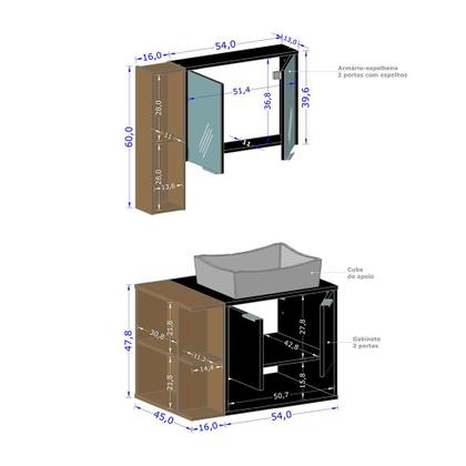 Imagem de Gabinete Banheiro Star 2 Portas com Espelheira e Cuba Dalla