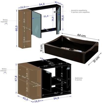 Imagem de Gabinete Banheiro Star com Espelheira e Cuba Dalla Preta