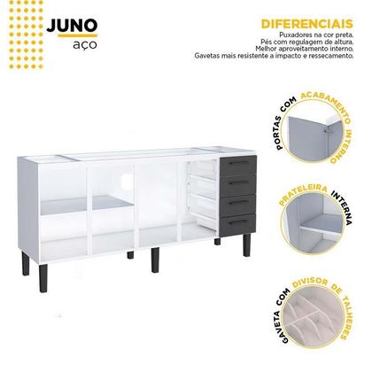 Imagem de Gabinete de Aço Para Pia 200cm 4 Portas Juno/Apolo 4 Gavetas Cozimax Preto