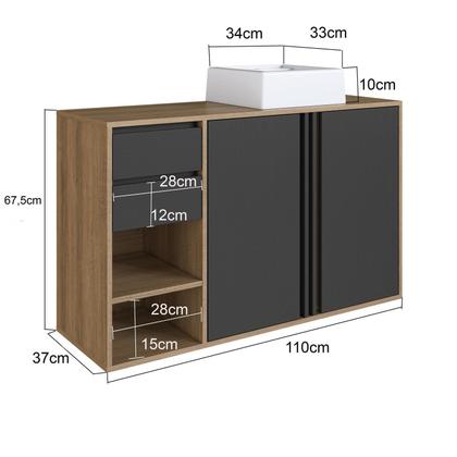 Imagem de Gabinete de Banheiro 110cm com Espelheira 2 Portas e Cuba Antônia Preto/Mel/Grafite