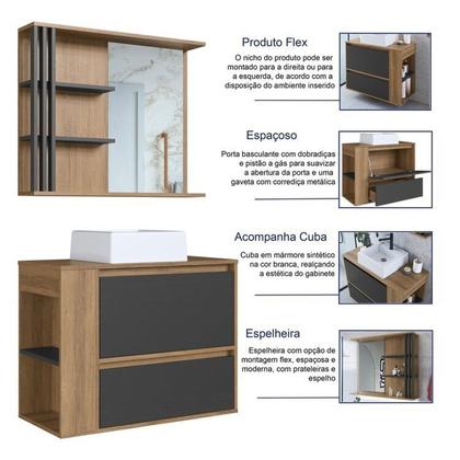 Imagem de Gabinete de Banheiro 80cm Estela com Espelheira 01 Gavetão e 1 Basculante Mel/grafite com Cuba Branc Mel/Grafite