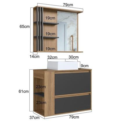 Imagem de Gabinete de Banheiro 80cm Estela com Espelheira 01 Gavetão e 1 Basculante Mel/grafite com Cuba Branc Mel/Grafite