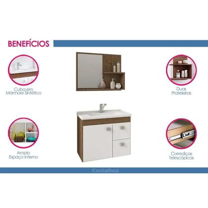 Imagem de Gabinete de Banheiro Balcão Suspenso Isa c/ Cuba 55cm e Armário c/ Espelho Amendoa/Off White - MGM