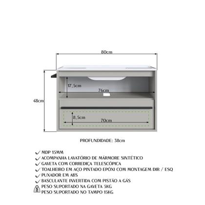 Imagem de Gabinete de Banheiro Suspenso 80cm com 1 Toalheiro 1 Porta e 1GAVETA com Lavatório Bege/Arenas
