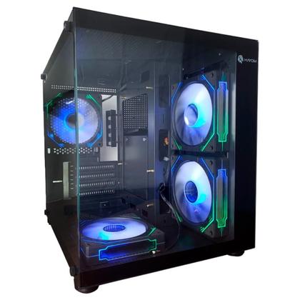 Imagem de Gabinete Gamer HAYOM, Mini Tower, M-ATX, Lateral e Frontal em vidro, 4x FANs, Preto - GB1796