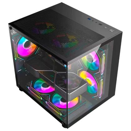 Imagem de Gabinete Gamer HAYOM, Mini Tower, M-ATX, Lateral e Frontal em vidro, 4x FANs, Preto - GB1796