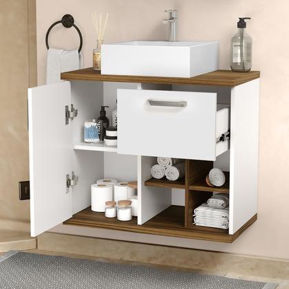 Imagem de Gabinete para Banheiro 70cm com Cuba e Espelheira Veneza Branco/Nogal