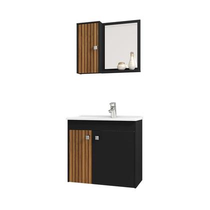 Imagem de Gabinete para Banheiro com Cuba e Espelheira Munique Preto/Fosco/Ripado