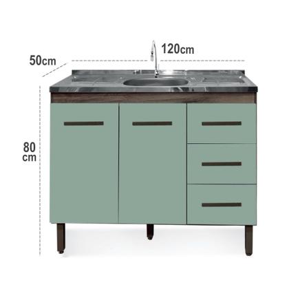 Imagem de Gabinete para Pia 1,20m Balcão 3 Gavetas Armário Multiuso Cozinha - Imbuia Verde Mar