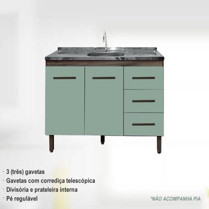 Imagem de Gabinete para Pia 1,20m Balcão 3 Gavetas Armário Multiuso Cozinha - Imbuia Verde Mar