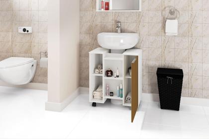 Imagem de Gabinete Pequin com 1 Porta Prateleira e Nichos para Organização do Banheiro com Design Moderno  Branco Ripado