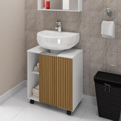 Imagem de Gabinete Pequin com 1 Porta Prateleira e Nichos para Organização do Banheiro com Design Moderno  Branco Ripado