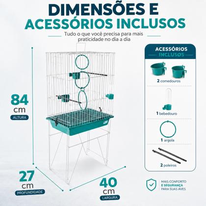 Imagem de Gaiola Viveiro para Aves com Suporte e Acessórios Inclusos - Em Arame, Bandeja Removível